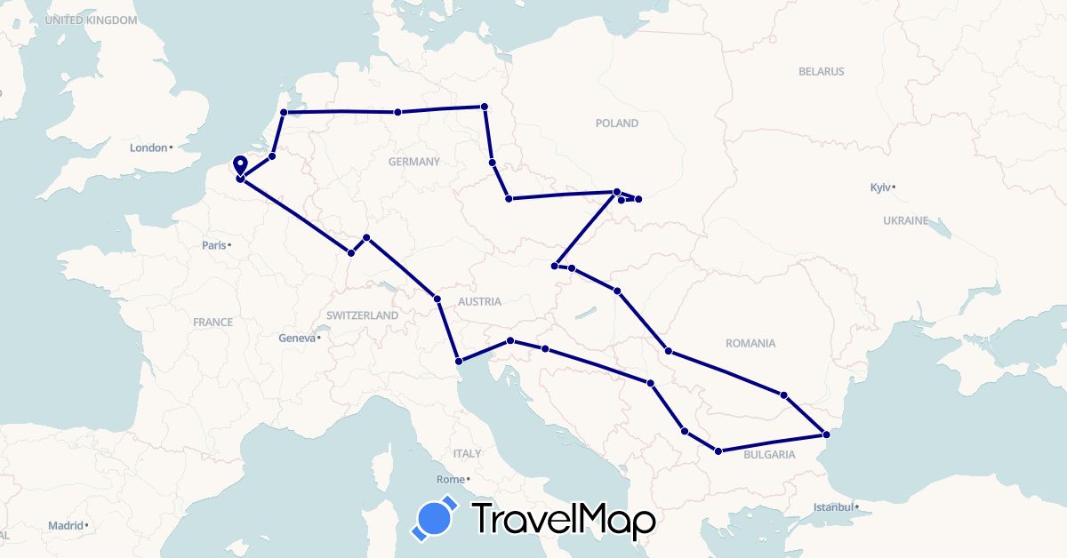 TravelMap itinerary: driving in Austria, Belgium, Bulgaria, Czech Republic, Germany, France, Croatia, Hungary, Italy, Netherlands, Poland, Romania, Serbia, Slovenia, Slovakia (Europe)